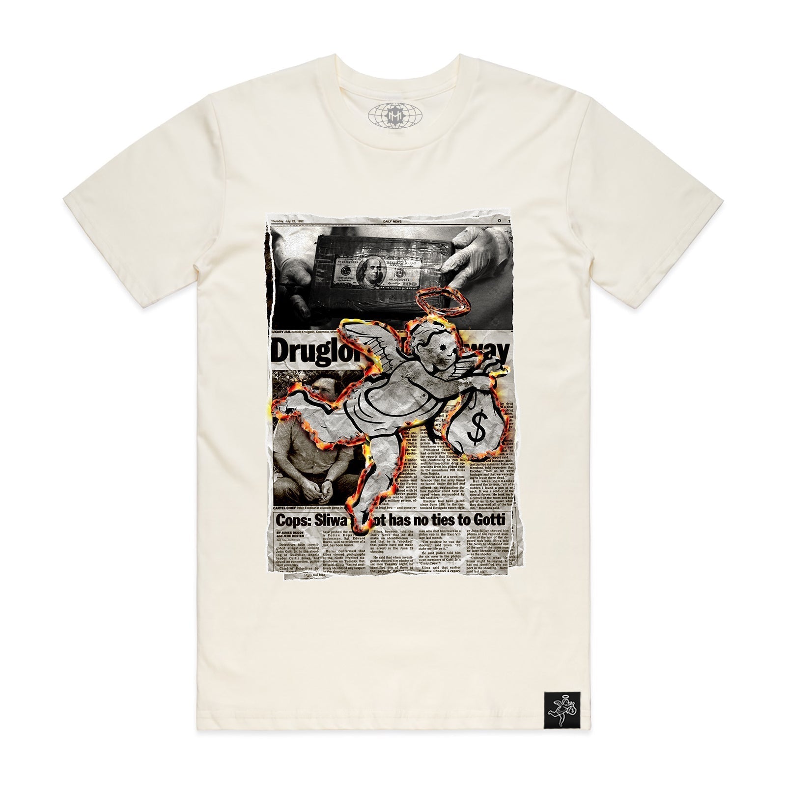 NEWSPAPER BURNING ANGEL TEE CREAM