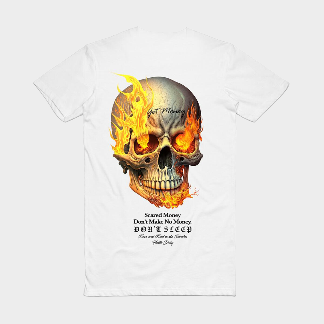 SCARED MONEY BURNING SKULL TEE WHITE