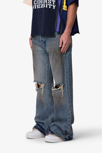 Distressed Kick Flare Denim Washed Blue