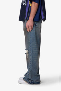 Distressed Kick Flare Denim Washed Blue