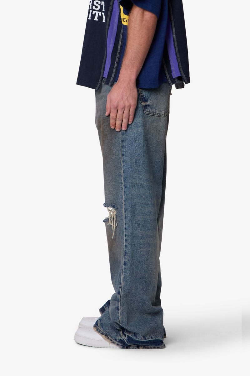 Distressed Kick Flare Denim Washed Blue