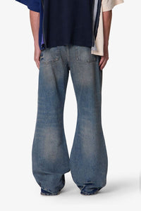 Distressed Kick Flare Denim Washed Blue