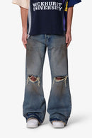 Distressed Kick Flare Denim Washed Blue