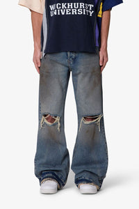 Distressed Kick Flare Denim Washed Blue