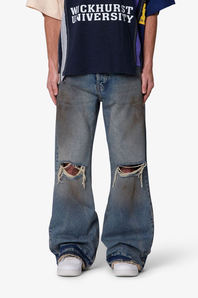 Distressed Kick Flare Denim Washed Blue
