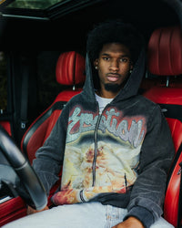 Eclipse Rhinestone Hoodie Grey Acid Wash