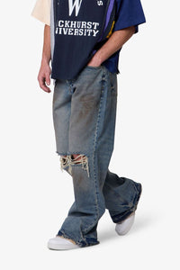 Distressed Kick Flare Denim Washed Blue