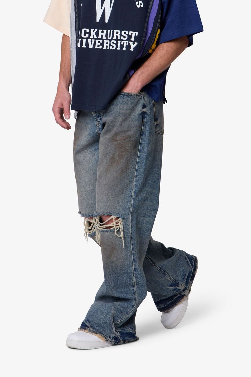Distressed Kick Flare Denim Washed Blue