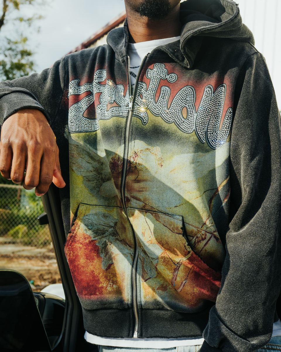 Eclipse Rhinestone Hoodie Grey Acid Wash – Survival Clothing