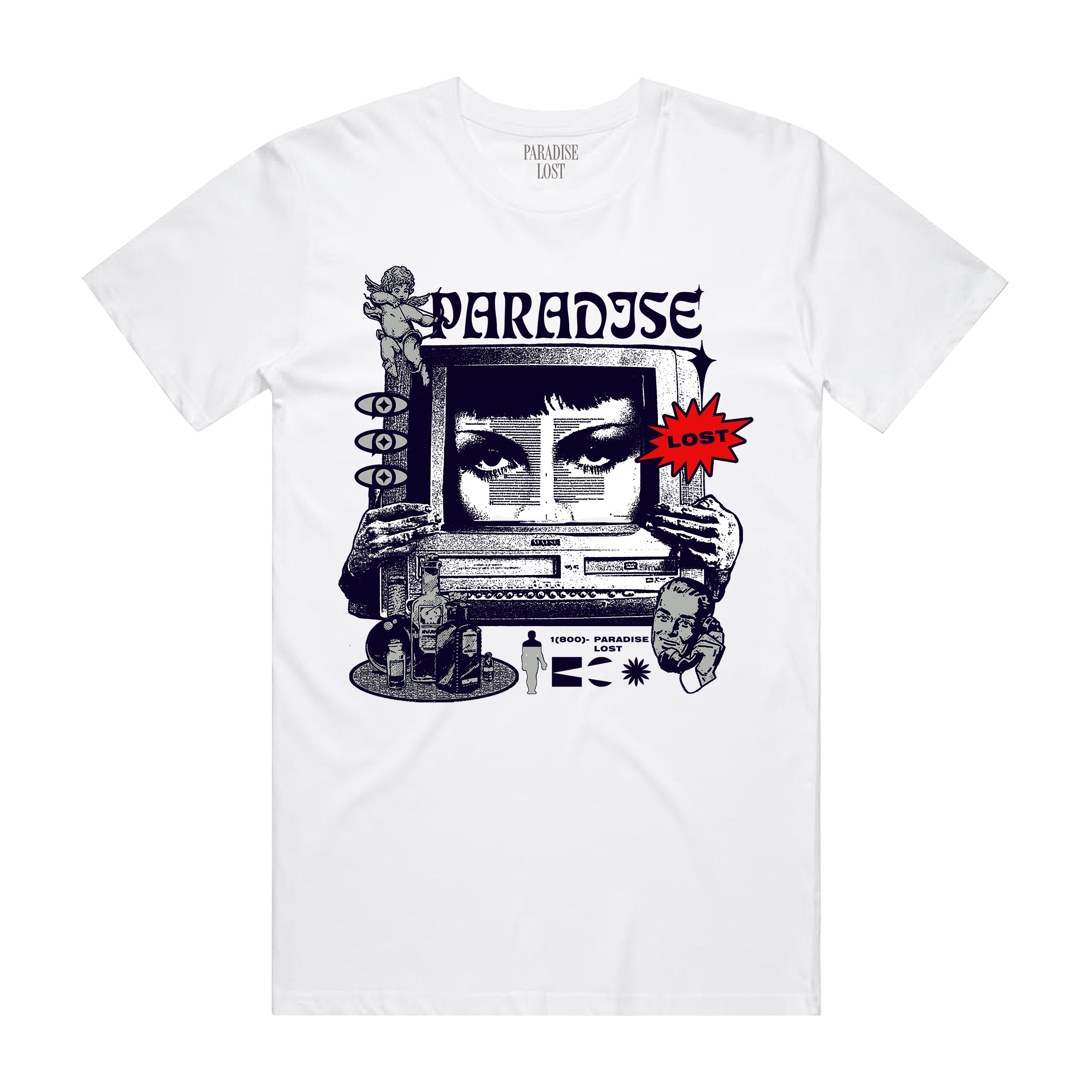 1-800-PARADISE TEE WHITE/NAVY