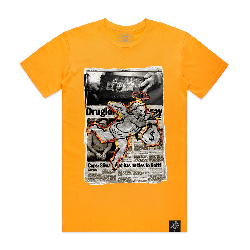 NEWSPAPER BURNING ANGEL TEE GOLD